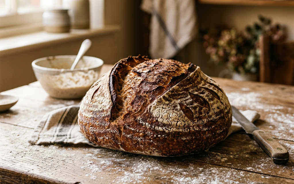 Freshly baked sourdough bread loaf on a rustic wooden table with flour dusting