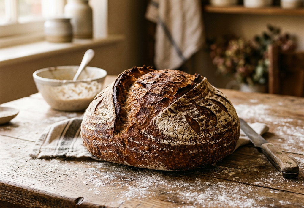Freshly baked sourdough bread loaf on a rustic wooden table with flour dusting