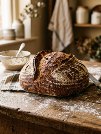 Freshly baked sourdough bread loaf on a rustic wooden table with flour dusting