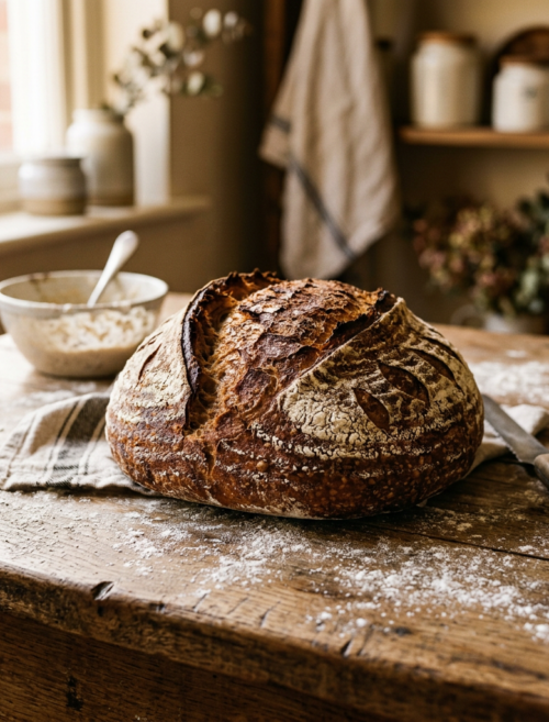 Freshly baked sourdough bread loaf on a rustic wooden table with flour dusting
