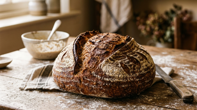 Freshly baked sourdough bread loaf on a rustic wooden table with flour dusting