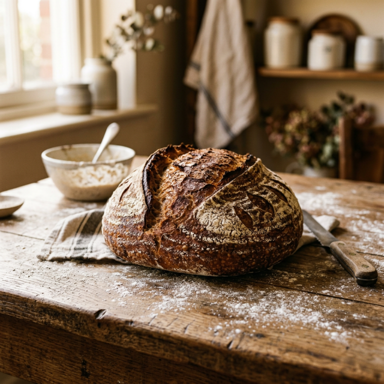 Freshly baked sourdough bread loaf on a rustic wooden table with flour dusting