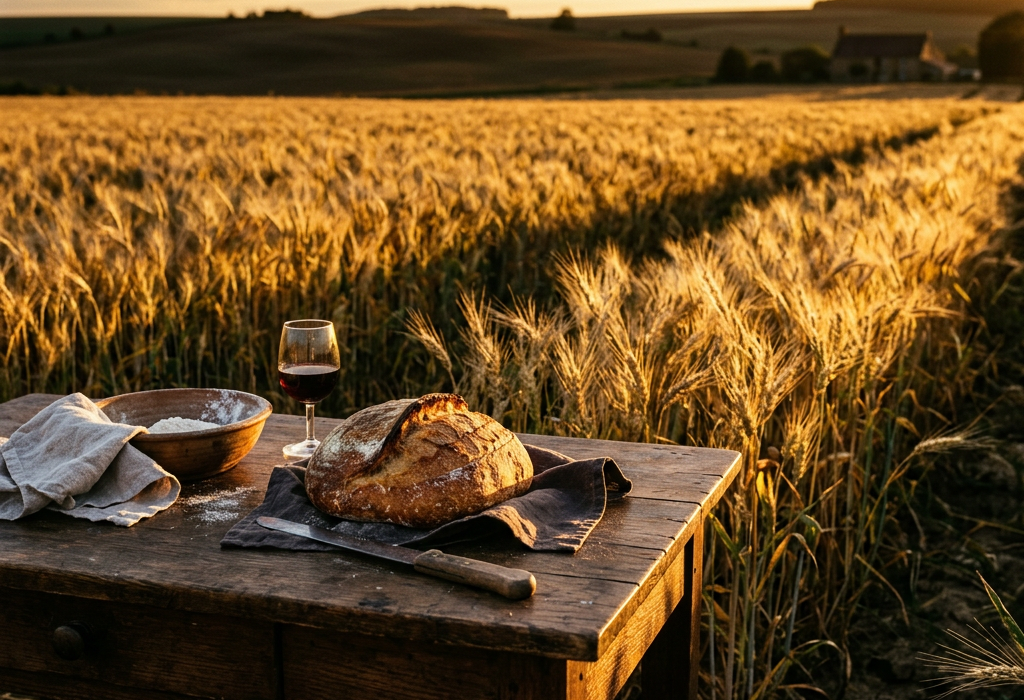 Loaf of bread, glass of red wine, bowl with flour, and knife on wooden table in wheat field at sunset