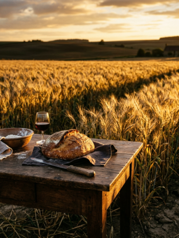Loaf of bread, glass of red wine, bowl with flour, and knife on wooden table in wheat field at sunset