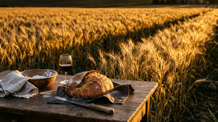 Loaf of bread, glass of red wine, bowl with flour, and knife on wooden table in wheat field at sunset