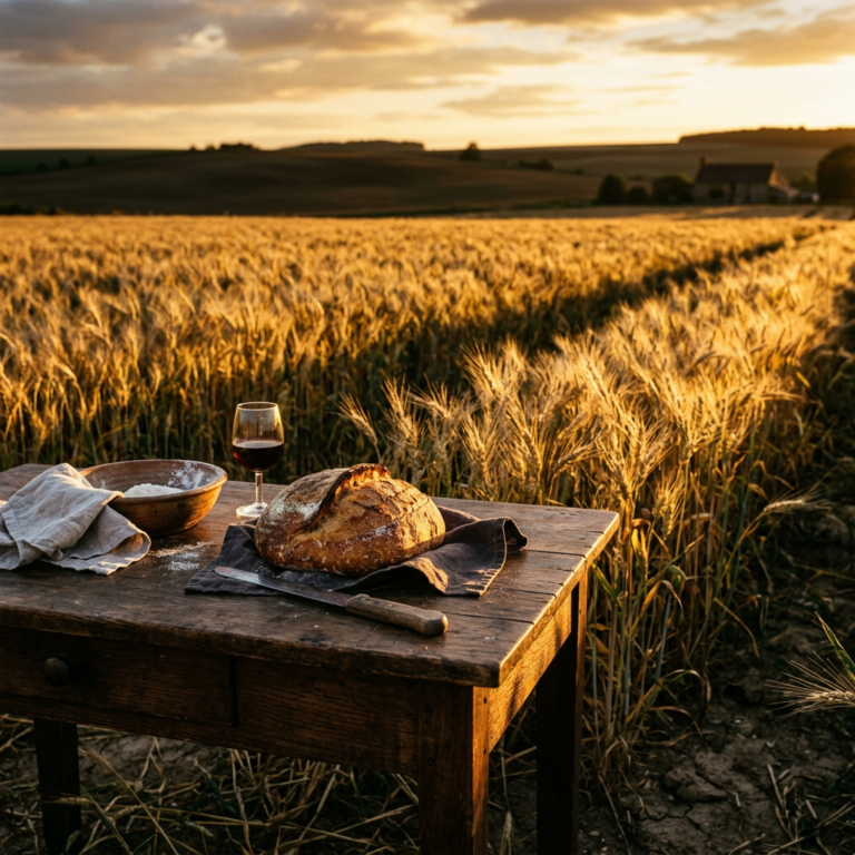 Loaf of bread, glass of red wine, bowl with flour, and knife on wooden table in wheat field at sunset