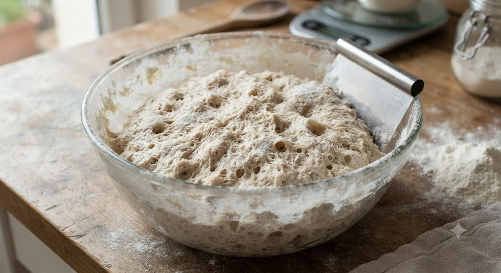 Masa de pan en fermentación en bulk, mostrando alvéolos de fermentación